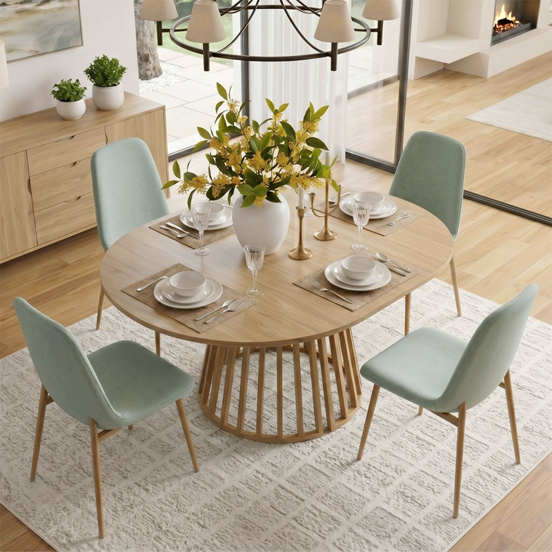4- Person Dining Table Sets With Extendabe Oval Table & 4 Upholstered Dining Chairs, Turquoise