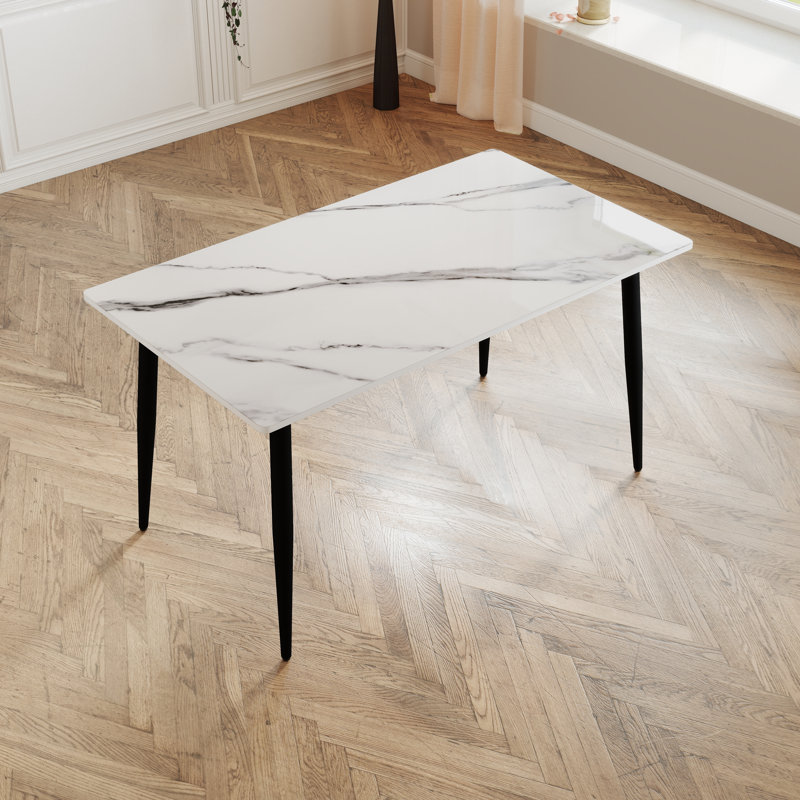 Table de salle à manger moderne à 4 pieds avec plateau en pierre frittée, Blanc/Noir