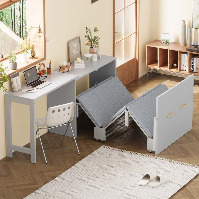 Armoire lit escamotable avec bureau en forme de L et coussin Murphy, Gris