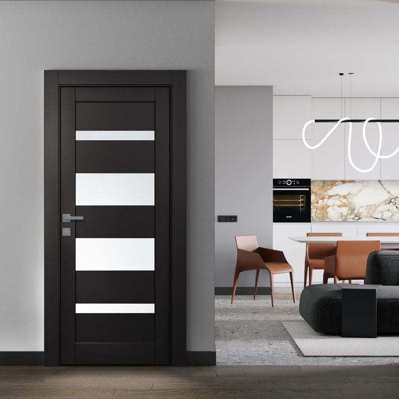 Dalle de porte intérieure en bois manufacturé et en verre givré Ella, Noir mat, 17,75 po x 79,37 po