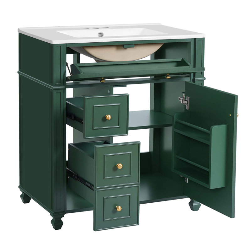 Meuble-lavabo de salle de bain avec lavabo en céramique, 30 po, armoire de rangement avec portes à fermeture en douceur et organisateur de porte
