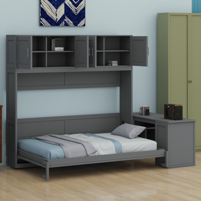 Lit escamotable avec bureau, tablettes de rangement et grandes armoires
