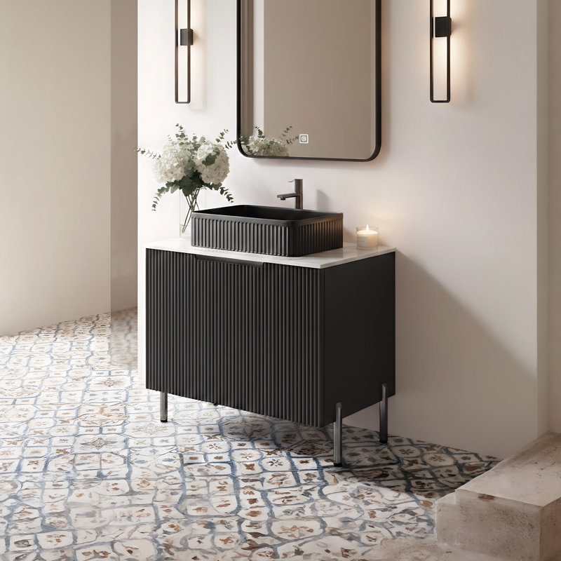 Bathroom Vanity 30", Ceramic Basin, Engineered Carrara Stone Top, Black