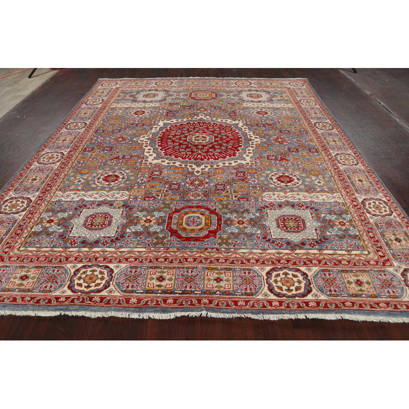 Tapis bleu / rouge en laine noué à la main de conception unique 8 pi 2 po x 9 pi 7 po New Age