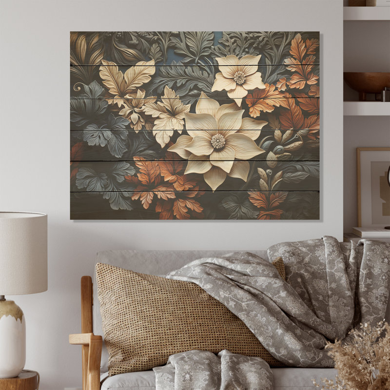 Noir, feuillage, pays des merveilles I - fleurs, art sur bois de pin naturel, H 30 po x l 40 po
