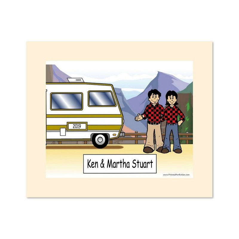 Personalized RV Couple Cartoon Caricature with a Mat, Ready to Frame, Yes
