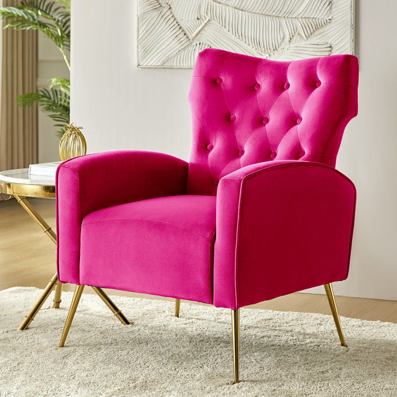 Consolata 37" H Velvet Wingback Chair with Button Tufting and Metal Legs, Fuchsia Velvet