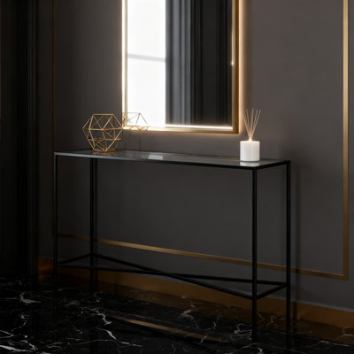 Console rectangulaire de 42 pouces avec plateau en verre trempé, design industriel moderne pour vestibule, salon, canapé, couloir ou bureau