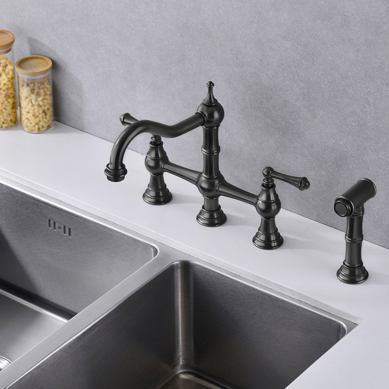 Matte Black Bridge Kitchen Faucet, Dual Handles With Pull-Out Side Spray, Brass, Corrosion, Leak-, 360-Degree Rotating Uniform Nozzle Spray Handles, Black, Rust-, , Unchangeable