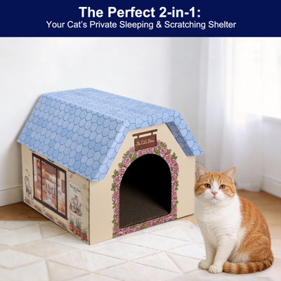 Indoor & Outdoor Coffee Shop Fun House Exercise Cat Toy with Scratching Pad, Blue, 18 x 15.8 x 14-in