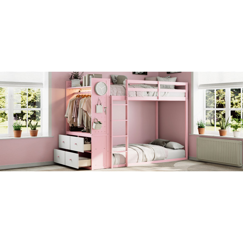 Lit superposé simple rose avec tablettes intégrées, système de rangement double et 4 tiroirs, idéal pour les chambres de frères et sœurs, rail suspendu, bande et tablettes