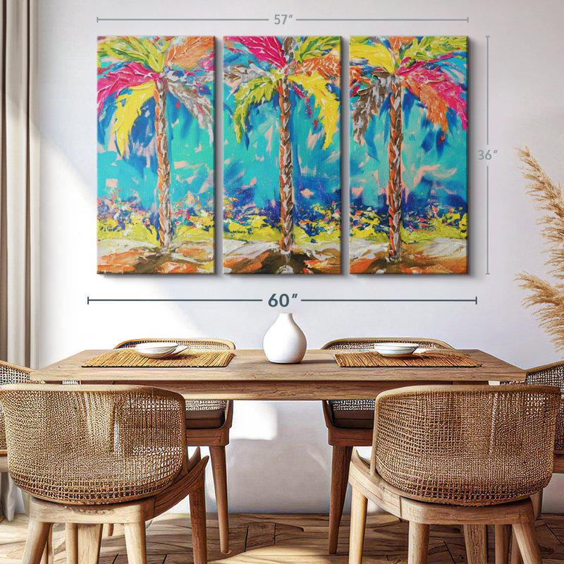 «Summer Tropical Palms», 3 pièces sur toile, H 36 po x l 57 po x P 1,25 po