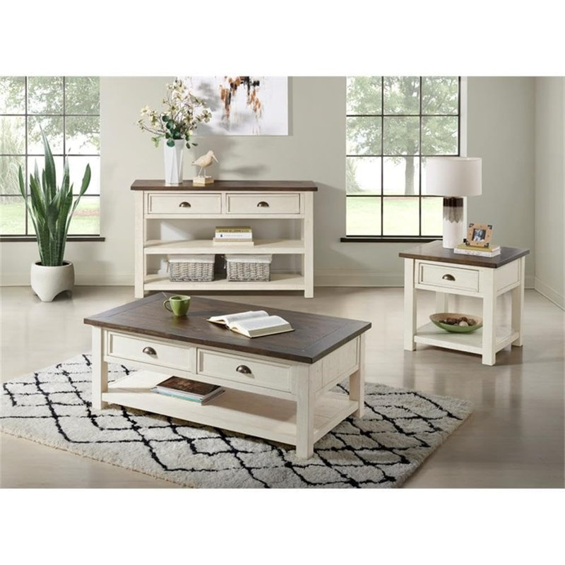 Console de canapé en bois massif, blanc crème avec plateau brun