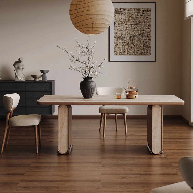 55.12"Minimalist Mid-Century Sintered Stone & Multi-Layer Wood Dining Table with Stainless Steel Decorative Base – Rectangular Home Dinner Table for Dining Room
