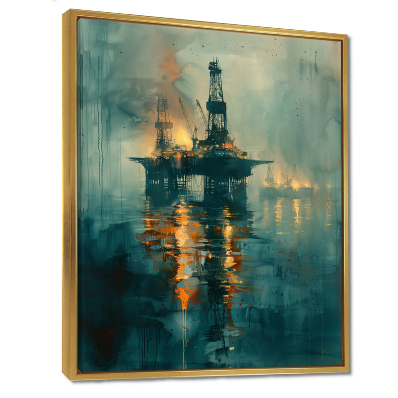 Plate-forme de pétrole bleue et jaune dans le golfe du Mexique, Toile encadrée flottante dorée, H 30 po x l 40 po x P 1,5 po