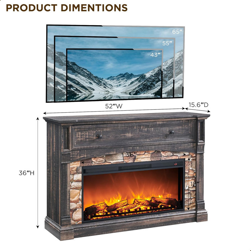 52" Farmhouse Electric Fireplace With Open Cubby & Mantel, Dark Rustic Oak