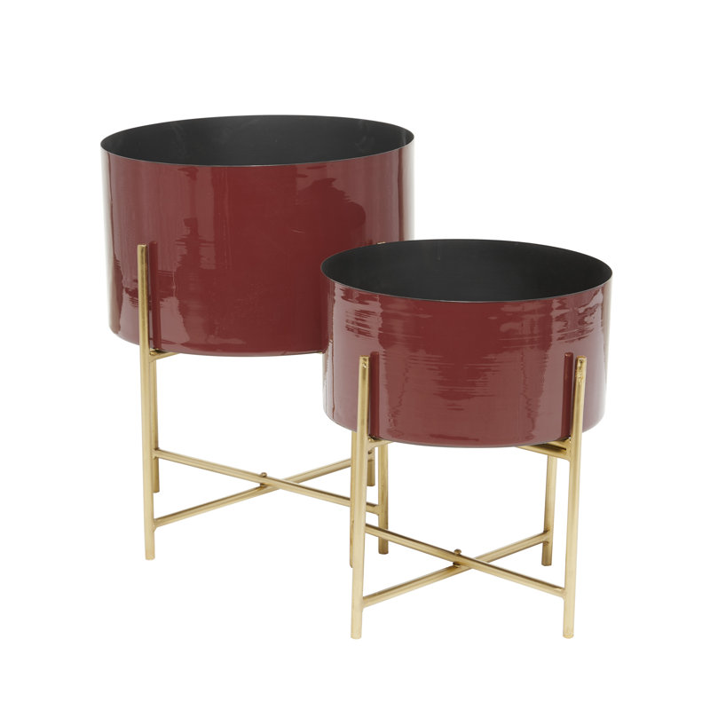 Frits 2 Piece Metal Indoor Outdoor Pink Planter with Removable Gold Stand Set, Red
