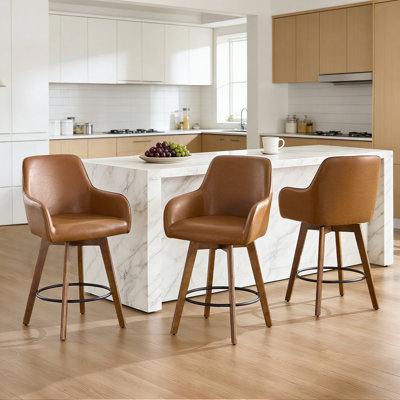 25" Swivel Full Back Counter Height Bar Stools with Solid Wood Frame & Arms (Set of 3)