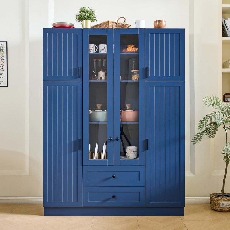 Grand garde-manger moderne avec 6 portes, tiroirs, tablettes réglables, plateaux coulissants et support à vin pour la salle à manger