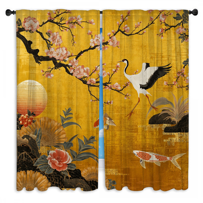 Rideaux de fenêtre Cherry Blossom Crane Koi Cherry Blossom, 80 po x 82 po - 2 panneaux, Room Darkening