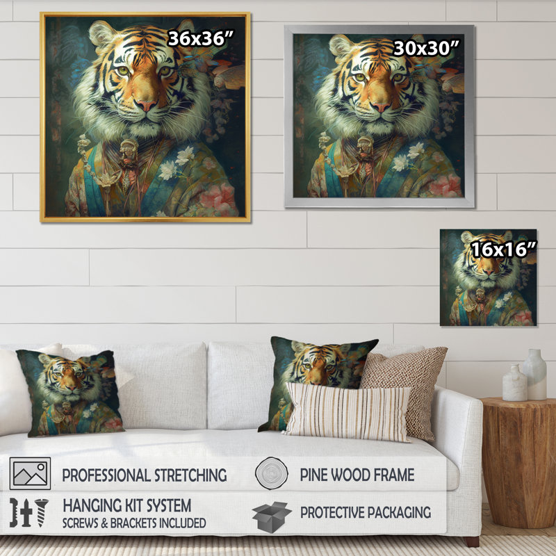 Portrait de tigre rétro - tigre, art mural, H 16 po x l 16 po x P 1 po, Cadre flottant en érable