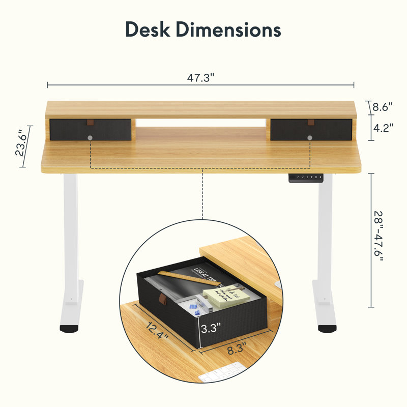 Bureau debout à hauteur réglable avec 2 tiroirs Lysandre Home Office, H 48,6 po x l 47,3 po x P 23,6 po, Naturel / Blanc