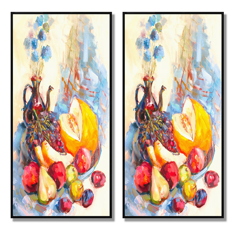 Fleurs et fruits impressionnisme VI - Ensemble de 2 peintures sur toiles, H 20 po x l 24 po x P 1 po, Cadre flottant noir