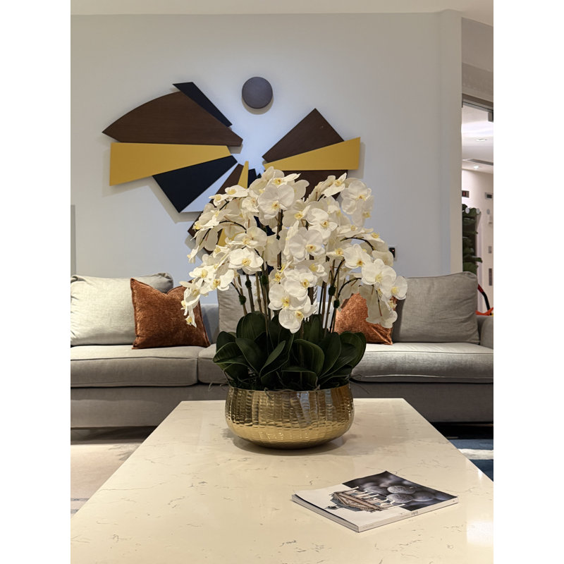 Roberi bowl with multiple stems of white Phalaenopsis orchids, Blue, 30" H x 22" W x 22" D