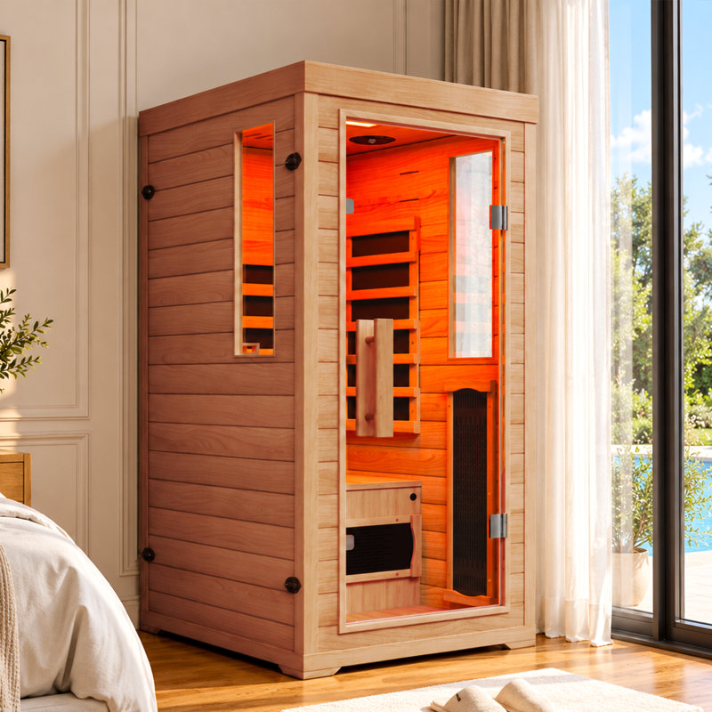 Sauna infrarouge lointain à faible champ électromagnétique pour une personne, sauna de 1476 W avec 6 éléments chauffants, luminothérapie 7 couleurs et bois massif de qualité supérieure, pour une détente et un bien-être optimaux.