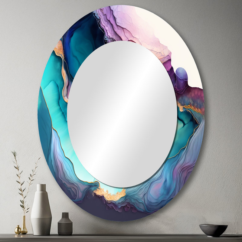 "Starkesha" bleu mauve abstrait Geode I - grand miroir mural en marbre, miroir unique moderne, impression d'art en métal