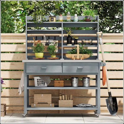 Banc de rempotage polyvalent pour l'extérieur avec roulettes verrouillables et plusieurs options de rangement