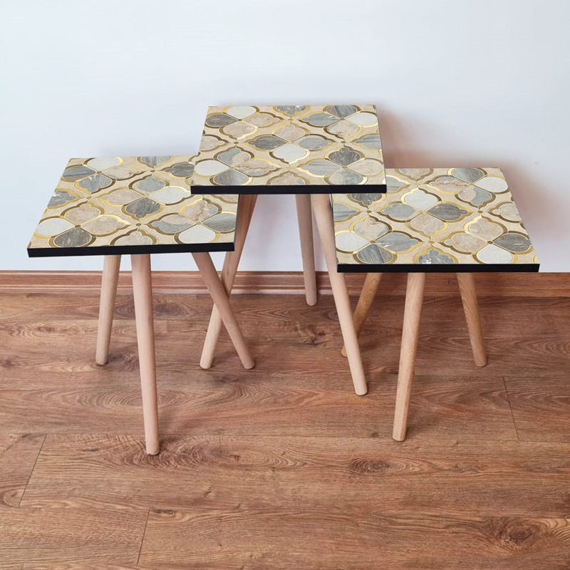 Modern Nesting Table Set (3 Pieces), Beige & Grey/White, 13.8 x 20.5 x 13.8 inches | 100% MDF with Beech Wood Legs, Thickness: 0.7 inches | Stylish Geometric Design Perfect for Living Room & Home Decor