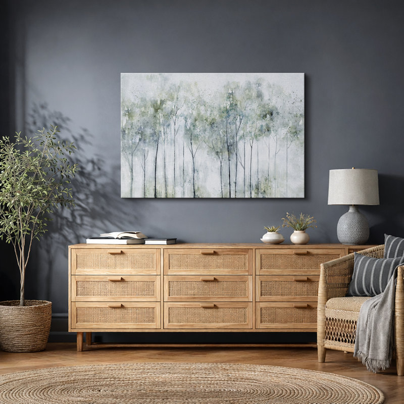 Abstract Forest "Muted Pastel Green Trees Artwork, Modern Watercolor Painting Wall Pictures, Large Framed Canvas Giclee Print Wall Art"