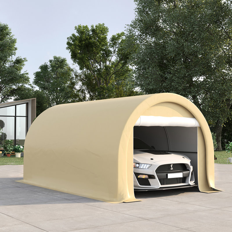 Tente d'abri d'auto 10 pi x 16 pi - acier galvanisé, auvent en PE, pour voiture, bateau, cadre de garage portatif en acier beige, outils,