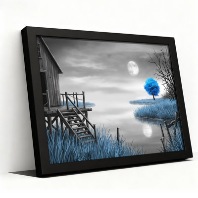 Art mural sur toile en niveaux de gris avec arbre bleu au bord du lac Moonlit