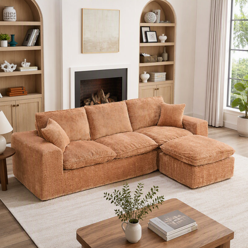 Canapé modulaire moderne de 107 po avec méridienne réversible Boucle, Boucle orange