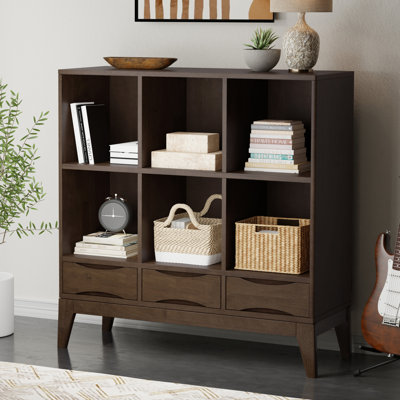 Harper 43"W Solid Hardwood 6 Cube Mid-Century Modern Low Bookcase with 3 Drawers