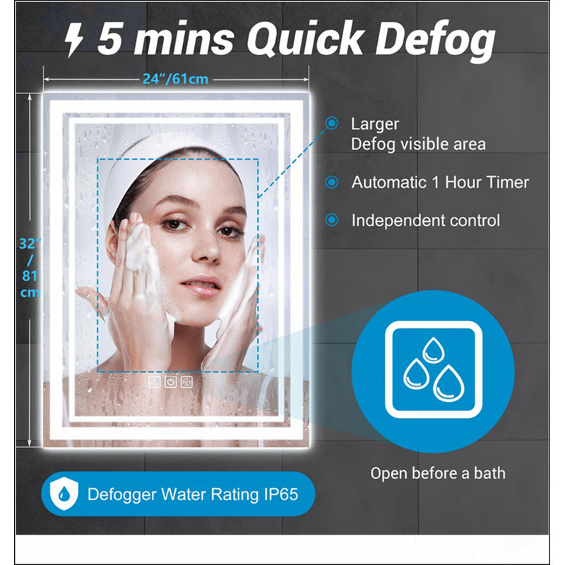 Advanced LED Bathroom Mirror with Defog, Stepless Dimmable Lighting, and Memory Function for Modern Vanity, 24" x 40"