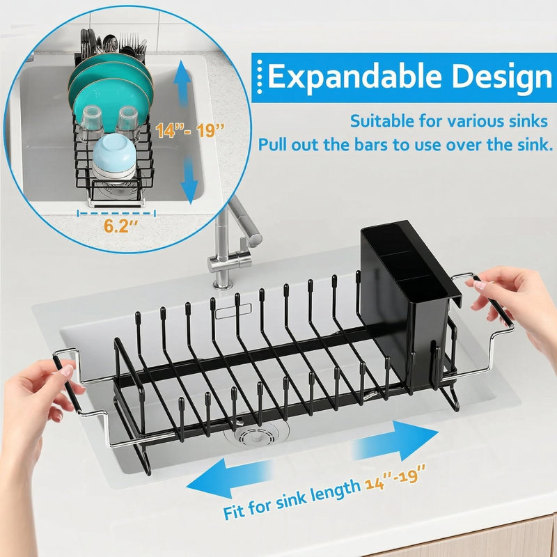Dish Drying Rack - Expandable Small Dish Rack Over Sinks With Silicone Drying Tray, Dish Drainer For Kitchen Counter With Cutlery Holder, Drying Rack Fit For 14’’-19’’ Kitchen Sink