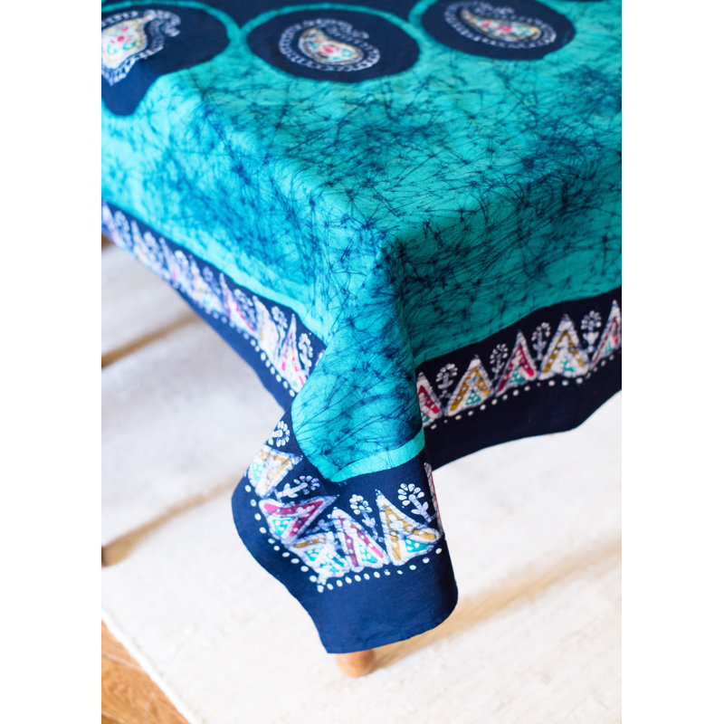 Ordaz Multi Batik Block Printed Tablecloth, Green, 108" x 90"
