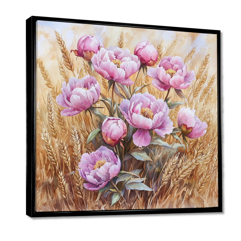Pivoines dans le champ de blé II - décorations murales pivoines, Impression encadrée flottante, Noir, H 16 po x l 16 po