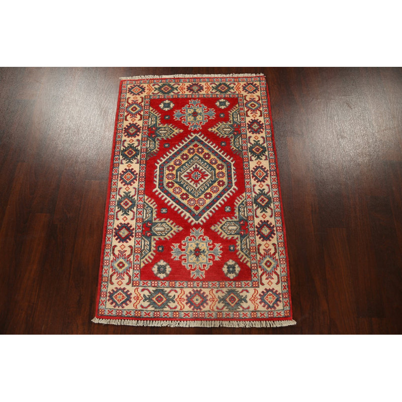 Tapis rouge / beige / bleu en laine noué à la main à motif géométrique 2 pi 8 po x 4 pi 2 po