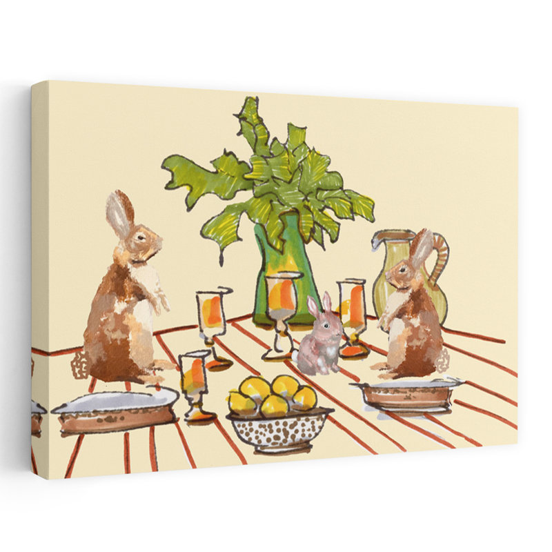 «Whimsical Bunny Dinner», art mural forêt fantaisiste contemporain, H 40 po x l 60 po