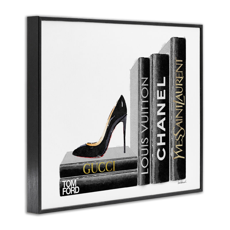 «High Fashion Book Shelf with Stilettos Heel», reproduction d'impression, H 30 po x l 24 po, Giclée encadrée noir minuit
