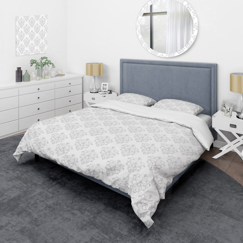 Ensemble de housse de couette à motif damas blanc et baroque blanc - Microfibre de polyester
