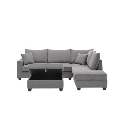 107"W Dark Gray Corduroy Fabric Sectional Sofa With Right Facing Chaise, USB & USB-C Charging Port, Storage Ottoman, And Pillows