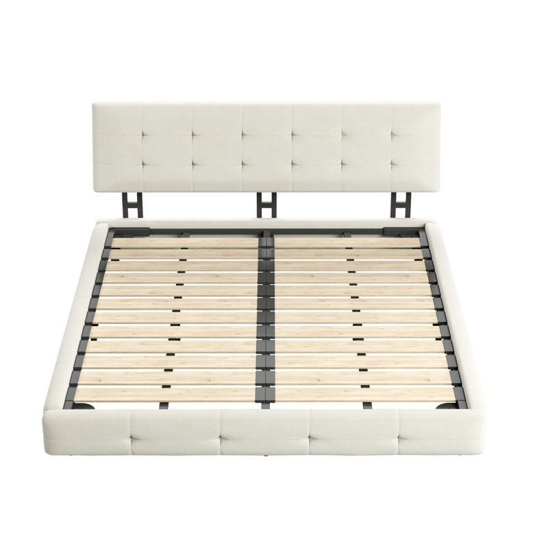 Lit plateforme très grand en chenille avec tête de lit nuage et coussin de soutien beige, Beige, Très grand lit
