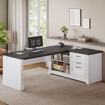 61" Office Desk Farmhouse Executive Desk L Shaped Desk With File Drawers Computer Desk With Power Outlets Black White