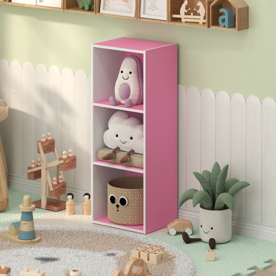 Furinno LUDER 3-Cube Pink Book Shelf, Kids Bookshelf, Toy Storage, Cube Storage Organizer, Bookcase, 9.3 x 12 x 31.5, for Organization and Storage, Playroom, Kids Room, White/Pink