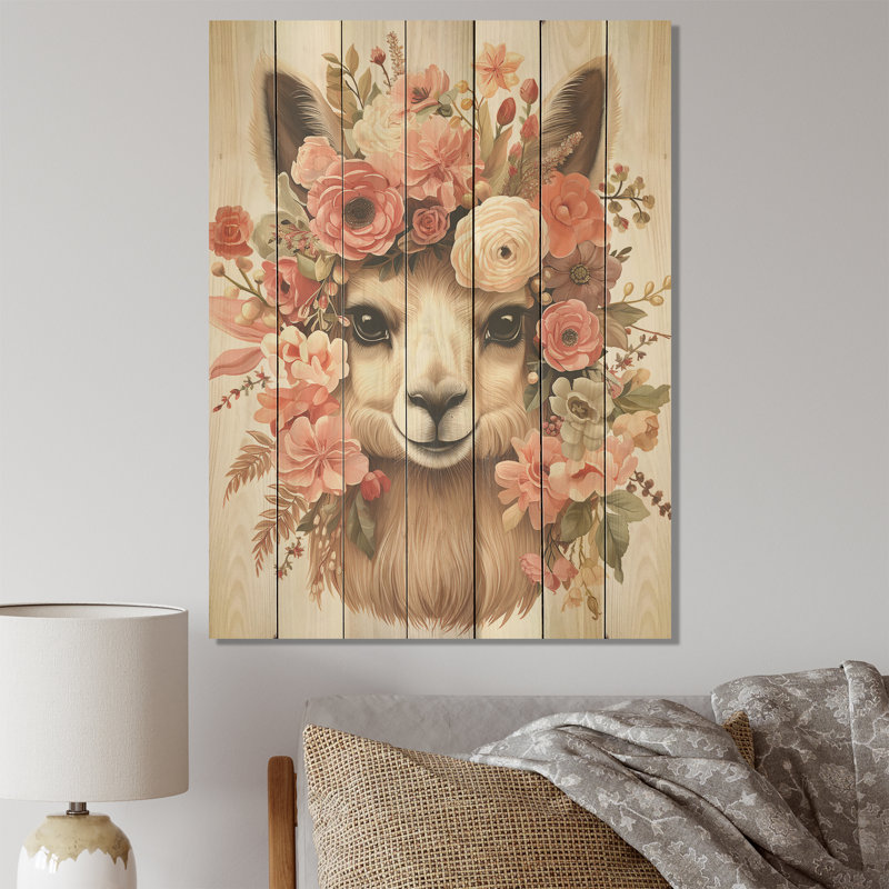 Couronne de fleurs, lama Wonder II - lama sur bois, H 44 po x l 34 po